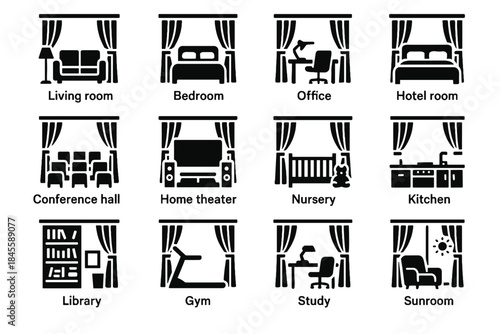 Room library study living sunroom vector theater curtain smart icon environments nursery
