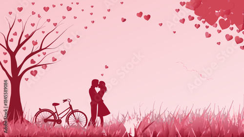 Romantic couple silhouette with bicycle under a tree of hearts illustration