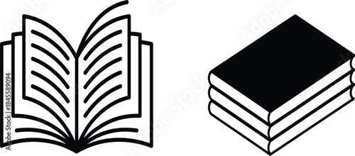 Black and white open book and stacked closed book icons, reading, literature, education, knowledge symbol