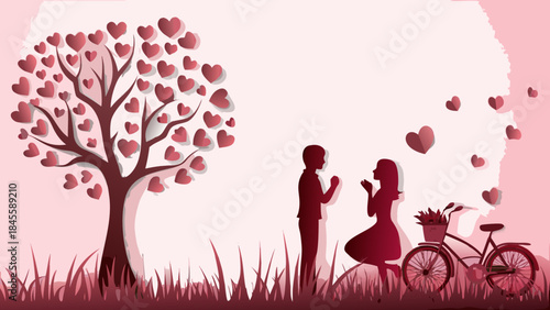 A romantic silhouette illustration of a couple standing near a bicycle and a tree of hearts