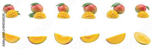 Freshly sliced mangoes and whole fruits displayed on a clean white background