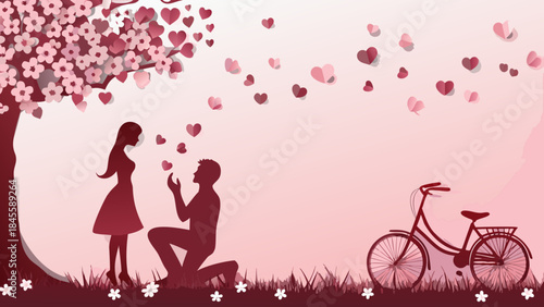 Romantic silhouette illustration of a man proposing to a woman under a heart tree