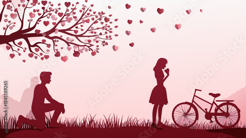 Romantic illustration of a man proposing to a woman under a tree with heart-shaped leaves