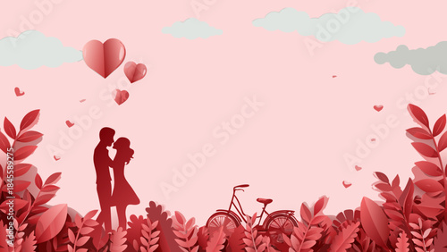 A romantic paper cut scene with a loving couple embracing under floating hearts and a pink sky