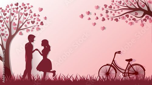 Romantic couple silhouette illustration under trees with falling heart leaves and a bicycle