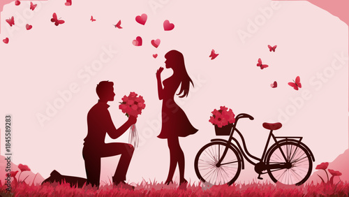 Romantic silhouette proposal scene of a man on one knee giving flowers to a woman