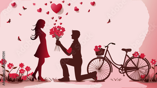 A romantic silhouette illustration of a man proposing to his girlfriend with flowers and a bicycle