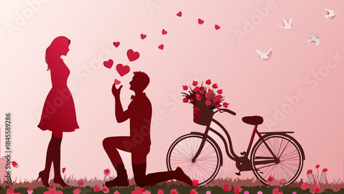 Romantic illustration of a man proposing to a woman on valentine's day