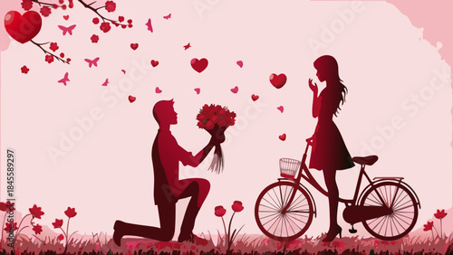 A romantic silhouette illustration of a man proposing to a woman with flowers and a bicycle