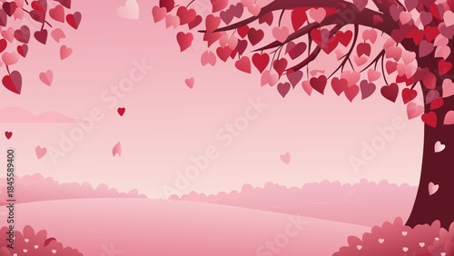Pink and red hearts falling from a love tree in a romantic landscape illustration