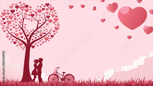 A romantic silhouette of a loving couple embracing under a heart tree with floating hearts in a pink sky