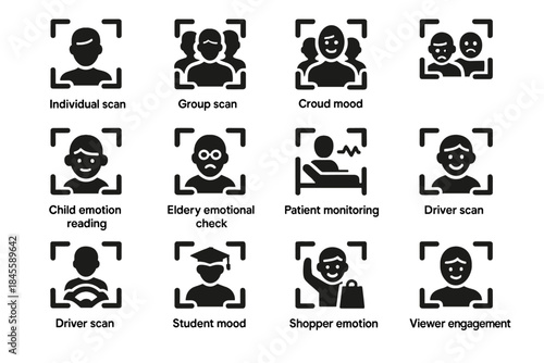 Elderly check reading icon scanner scan icons individual group emotion reaction speaker
