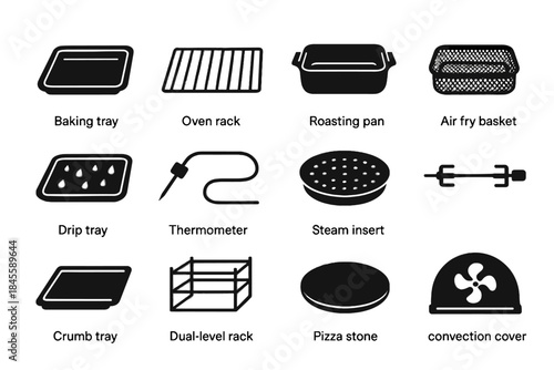 Pan rack accessories smart skewer crumb tray icon basket vector oven cover