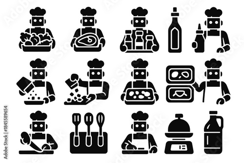 Chef dispenser station seasoning meat sauce food icon robot utensil vector chopped