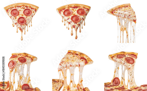 Mouthwatering pepperoni pizza slices showcasing an epic cheese pull on a pristine white background