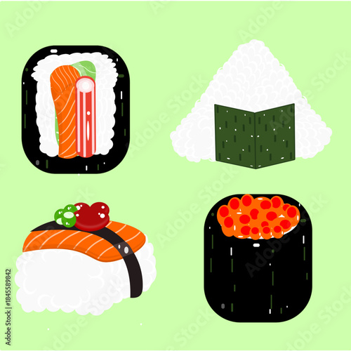 Kawaii Japanese Sushi and Onigiri Food Vector Set