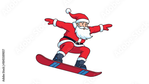 Santa Claus balancing on a red snowboard with blue stripes, his arms outstretched, ready to glide through the snowy slopes of the North Pole.