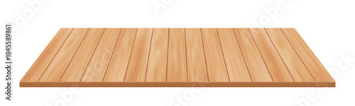 Realistic wooden plank, floor or table in perspective with natural wood texture for product display, background templates. Vector illustration
