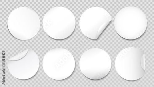Realistic white round sticker set on transparent background for sale discount, product branding, packaging, label mockups. Vector illustration