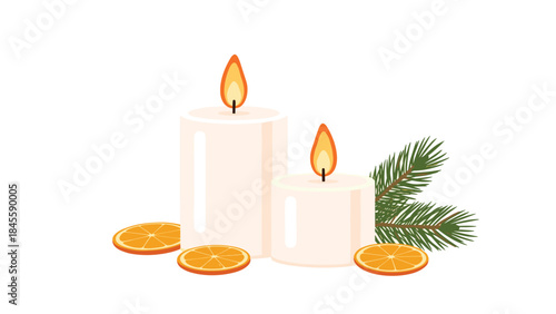 Two lit white candles surrounded by fresh pine branches and dried orange slices, creating a warm and inviting holiday atmosphere.