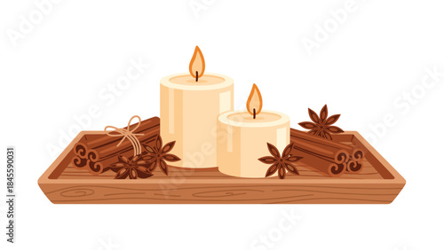 Two glowing candles, bundled cinnamon sticks, and star anise arranged on a wooden tray, creating a cozy and aromatic holiday ambiance.