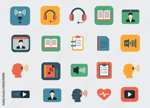 Audio Course Content Modern Flat Style Illustrating Podcast Episode Audiobook Lecture Recording Sound File Transcript Document Playlist Quiz Audio and Voice Note Learning Media