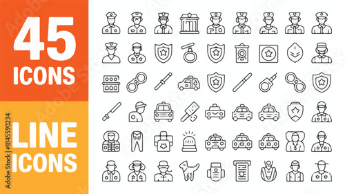 45 Premium Line Icons for Law Enforcement, Emergency Services, and Security - Vector Graphics