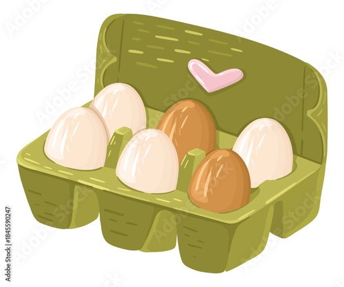 Illustration of Eggs in a box. Cute food sticker. Vector.