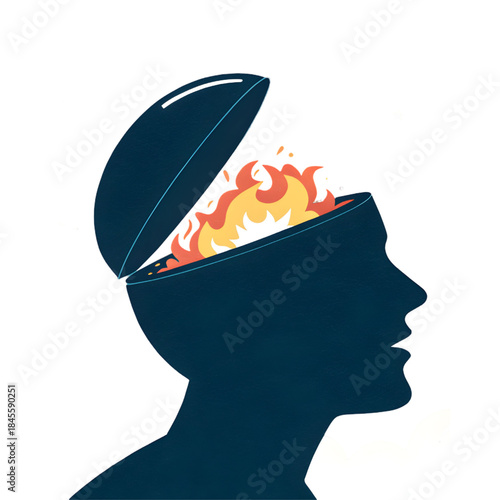 Open human head with inner fire representing passion, creativity, mental energy, and powerful ideas concepts.