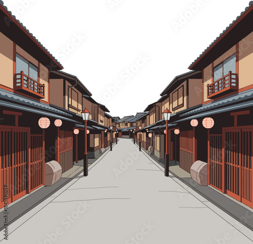 Hanamikoji Street Vector Illustration, Traditional Kyoto Gion District With Classic Japanese Architecture