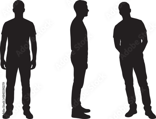 Casual Young Man Silhouettes: Full-Body Collection of Male Figures Standing in Front, Side, and Relaxed Poses Vector Set.