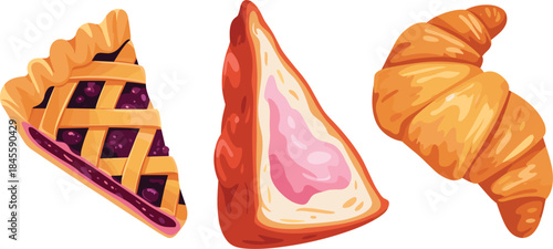 Set of baked goods: fruit pie slice, turnover, croissant, sweet pastry, breakfast, bakery dessert illustration