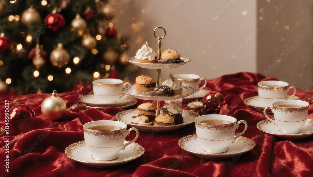 Fototapeta premium Elegant Christmas Afternoon Tea Setting with Festive Decorations.