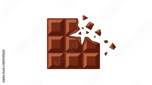 A rich chocolate bar with a corner dramatically broken off into flying pieces, illustrating a moment of tempting indulgence and breakage.