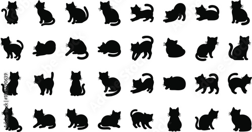Collection of black cat silhouettes in various poses and settings