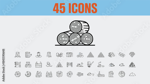 Collection of 45 clean vector icons representing various concepts from industry to lifestyle, perfect for digital and print design projects