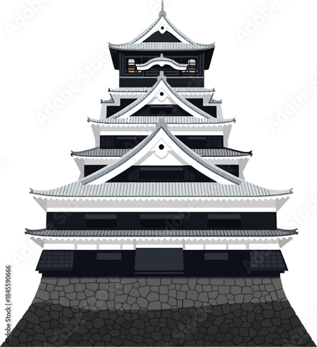 Kumamoto Castle Vector Illustration, Historic Japanese Fortress Architecture With Traditional Stone Base