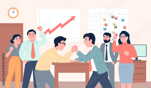 Business arm wrestling. Competition and struggle for leadership in office, corporate fight between employees. Teambuilding, recent vector scene