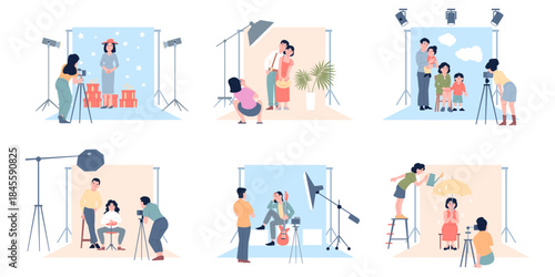 Photographer in studio. Photography process with different models. Professional photographers working with couples, families, single, recent vector scenes