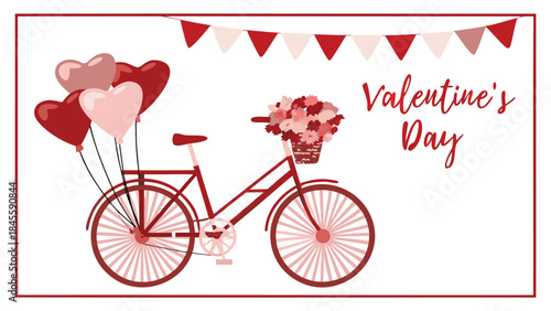A vintage red bicycle decorated with heart shaped balloons and flowers in basket on white background for valentine's day celebration