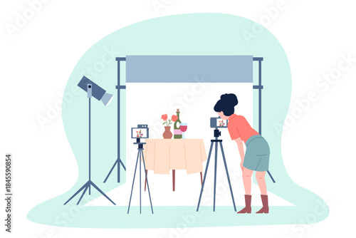 Girl taking photo still life. Photography for professional blog, exhibition, home decor. Photographer working in studio. Creative profession, recent vector scene