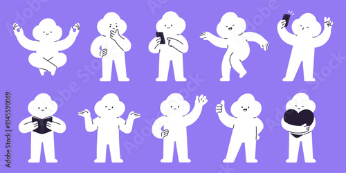 Cloud characters. Thoughtful creatures, positive abstract man. Unusual character reading, dancing, greeting, meditating, taking selfie on smartphone, racy vector set