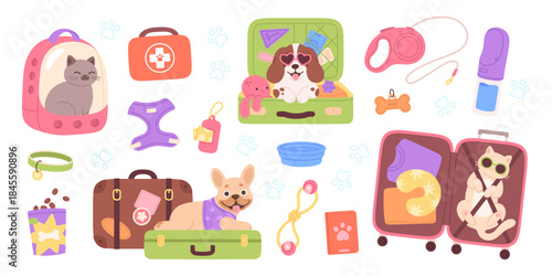 Pet travel accessory. Harness, water bottle, bowl, food bag and leash. Dog cat inside suitcases bags and special backpack for animal, racy vector clipart