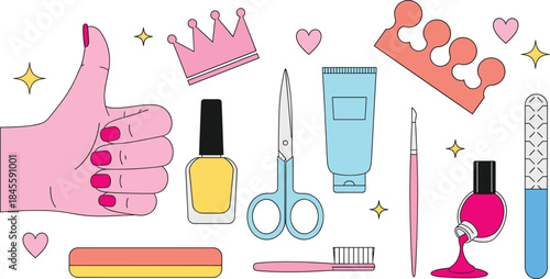 Cute manicure and nail care vector set with polish, tools, accessories and beauty elements for salon, spa and fashion illustrations