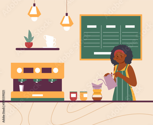 Female barista doing filter coffee at counter. Cafe or bar worker, professional waiter. Woman prepares and sells hot cold drinks, vector scene