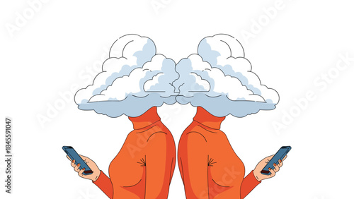 Two mirrored figures with heads shaped like clouds, holding smartphones, symbolizing cloud computing, digital technology, and data connectivity.