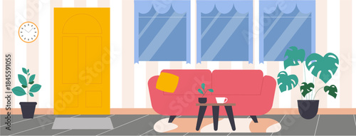 Flat living room interior. Red sofa, little table on carpet and home plants. Cozy zone for rest in apartment, hotel lobby, office or hospital waiting area, vector concept
