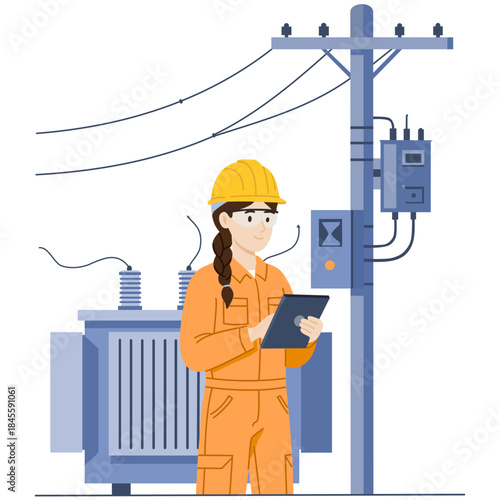 Female electrician worker on power pole and transformer