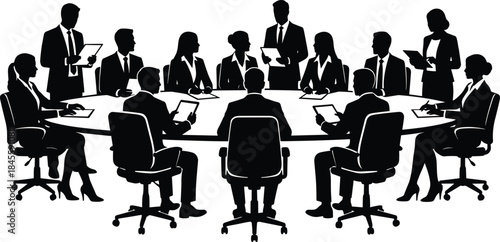 Corporate board meeting illustration showing business professionals discussing strategy collaboration leadership communication management concept