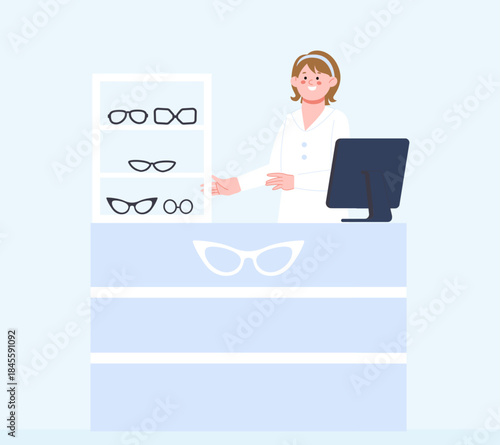 Glasses seller behind counter. Young ophthalmologist shows glasses. Vision testing and correction, medical diagnostics in optic store or hospital, vector concept
